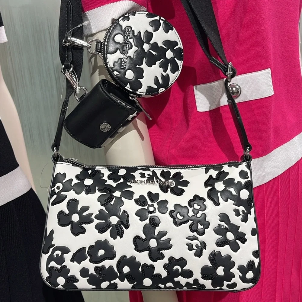 MICHAEL KORS Jet Set Sm Sequined Floral Print Crossbody w Case for Apple Airpods - Picture 5 of 16